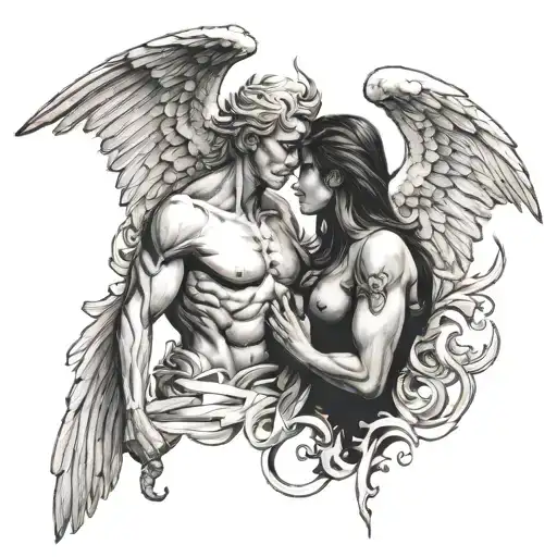 angel and demon facing each other tattoo design idea