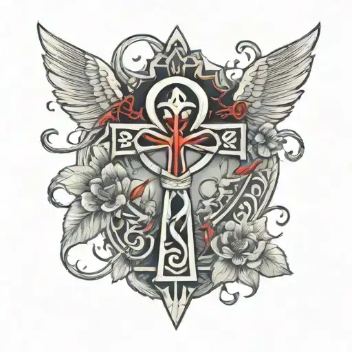 Ankh with Chinese red tree flowers with the  ॐ worked in tattoo design idea