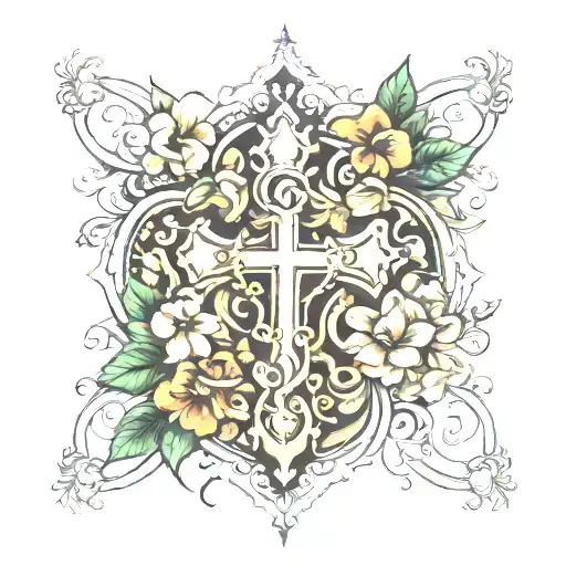floral tattoo with christian cross intertwined tattoo design idea