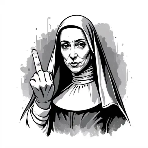 black and gray tattoo of a nun turned sideways holding up her middle finger  tattoo design idea