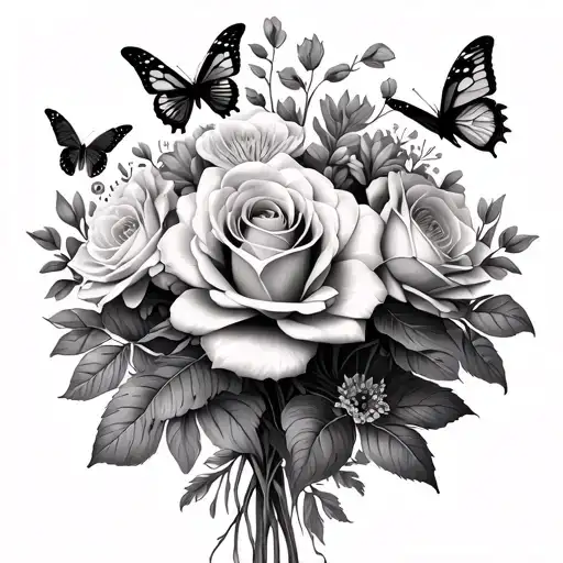 create a simple tattoo for my ribs of a boquet of flowers with lakepur, roses, waterlilys, butterflies, and roses tattoo design idea
