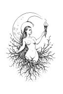Curvy feminine silhouette, buzz cut, emerging from roots, holding a torch, half moon, hairy body tattoo design idea