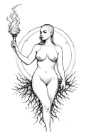 Curvy feminine silhouette, buzz cut, emerging from roots, holding a torch, half moon, hairy body tattoo design idea