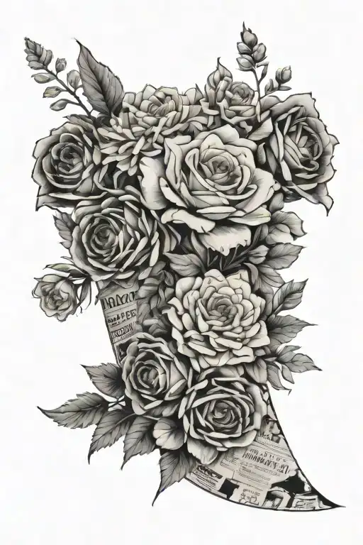 flower bouquet with newspaper wrapping, with roses, Chrysanthemums, asters, and carnations tattoo design idea