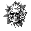 Upper arm sleeve tattoo for men includes skull, rose, broken clock, and phonex fether, and mentions still standing and a tattoo design idea