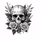 Upper arm sleeve tattoo for men includes skull, rose, broken clock, and phonex fether, and mentions still standing and a tattoo design idea