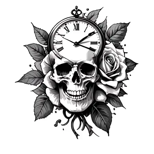 Upper arm sleeve tattoo for men includes skull, rose, broken clock, and phonex fether, and mentions still standing and a tattoo design idea