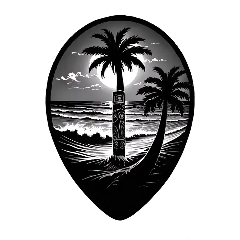 sun, beach with waves crashing, palm tree, totem pole on the beach tattoo design idea