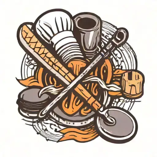 A chef's knife and fork crossed over a hockey puck, with a music note in the background tattoo design idea