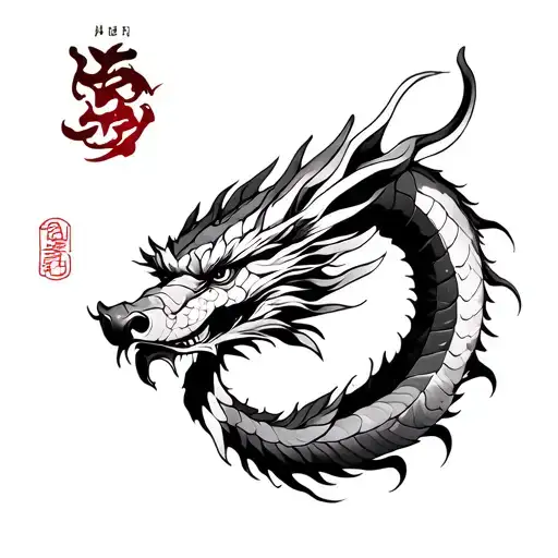 Dragon with astrological sign of fish and Chinese sign of tranquility and peace tattoo design idea