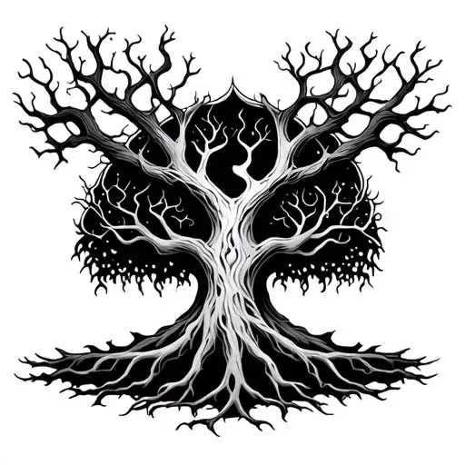 dark warped new school yggdrasil tree tattoo design idea
