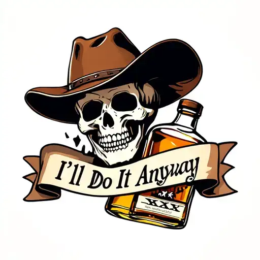 Skull wearing a beat up cowboy hat a bottle of whiskey with "XXX" on the label and a banner with "I'll Do It Anyway" tattoo design idea