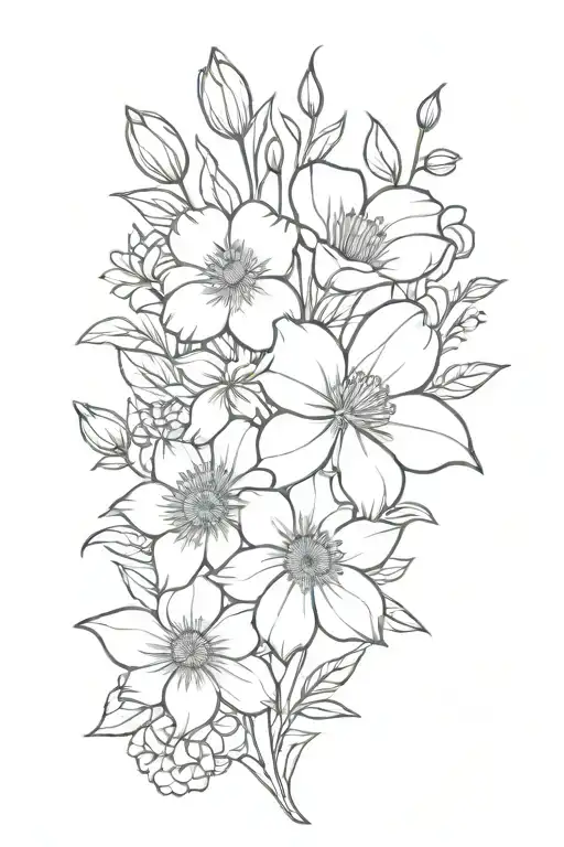 delicate bouquet with a violet, daffodil, poppy, and chrysanthemum tattoo design idea