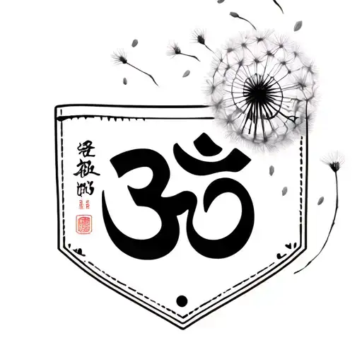 a shirt pocket with a print of the Om symbol and Chinese writing. And dandelion seeds fly into the air from the pocket. tattoo design idea