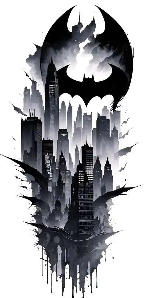 Gotham city skyline with bat symbol in the middle surrounded tattoo design idea