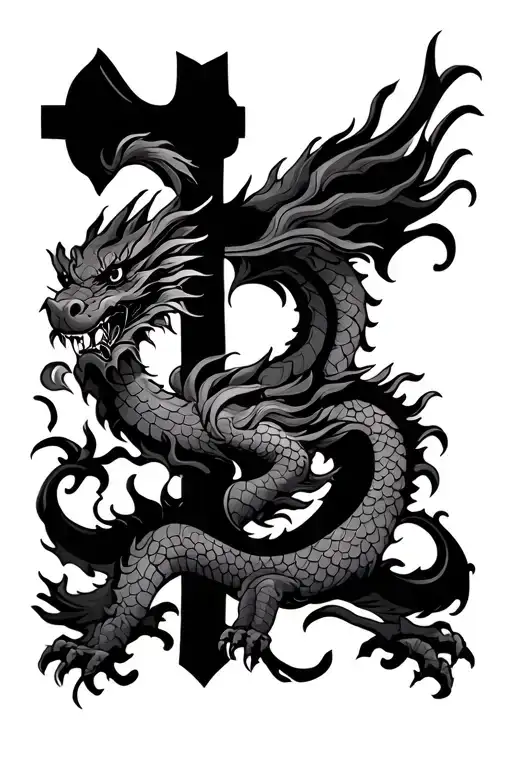chinese Dragon around the american Cross tattoo design idea