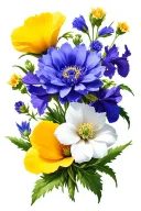 cornflower, iris, tudor rose, california poppy, yellow elder, dahlia, wild rose, pacific dogwood, white trillium in yarn tattoo design idea