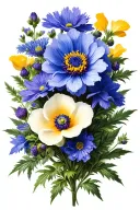 cornflower, iris, tudor rose, california poppy, yellow elder, dahlia, wild rose, pacific dogwood, white trillium in yarn tattoo design idea