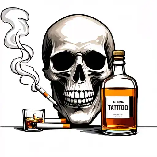 skull smoking cigarettes and drinking whiskey bottle tattoo design idea