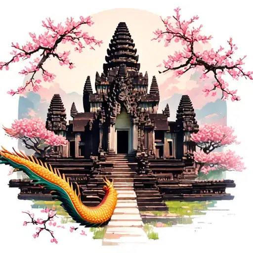 angkor wat temple with cherry blossom and dragon  tattoo design idea
