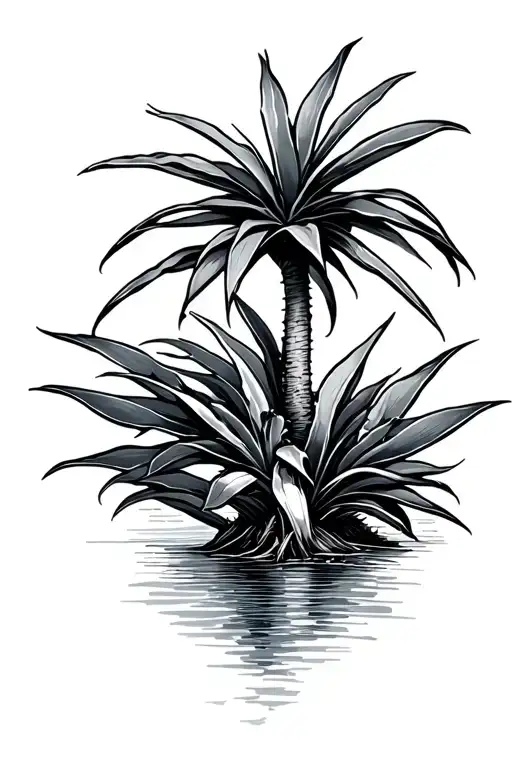 divi divi tree, aloe plant, cododo, ocean background tattoo design idea