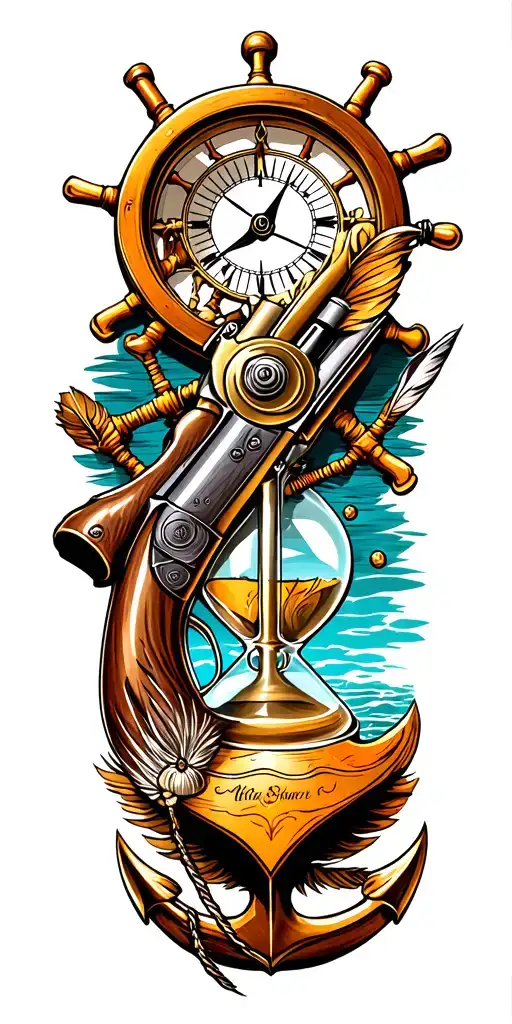 US Navy flintlock pistol, a quill pen, a compass, an anchor, a ship's wheel, an hour glass tattoo design idea
