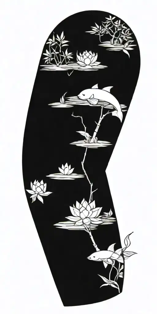 buddhist inpired tattoo with scenary of nature, bamboo, water, and with lotus, koi fish, small budda and spiritual stuff tattoo design idea