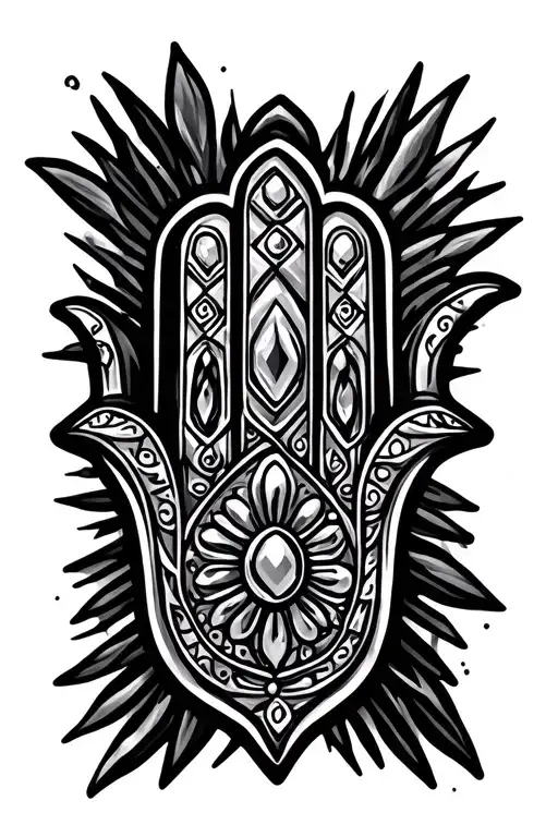 hamsa hand with hanging gem stone surrounded tattoo design idea