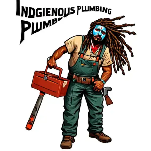"Indigenous Plumbing " "Indigenous Plumbing " dreadlock painted face Native American plumber holding a toolbox tattoo design idea