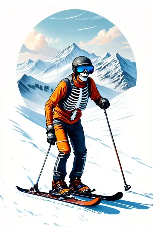 skeleton skiing with a ski life and mountains and Tess in the backdrop  tattoo design idea