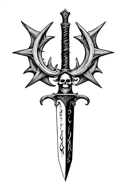 Sharp long dagger with runes shaded skull head tattoo design idea
