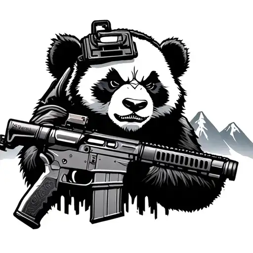 ANGRY PANDA WEARING TACTICAL GEAR HOLDING A AR 15 with mountains IN BACK GROUND tattoo design idea
