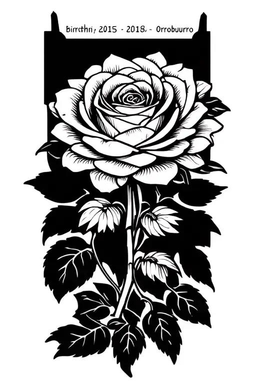 Line work rose and chrysanthemum with birthdates, surrounded by an orobouros tattoo design idea