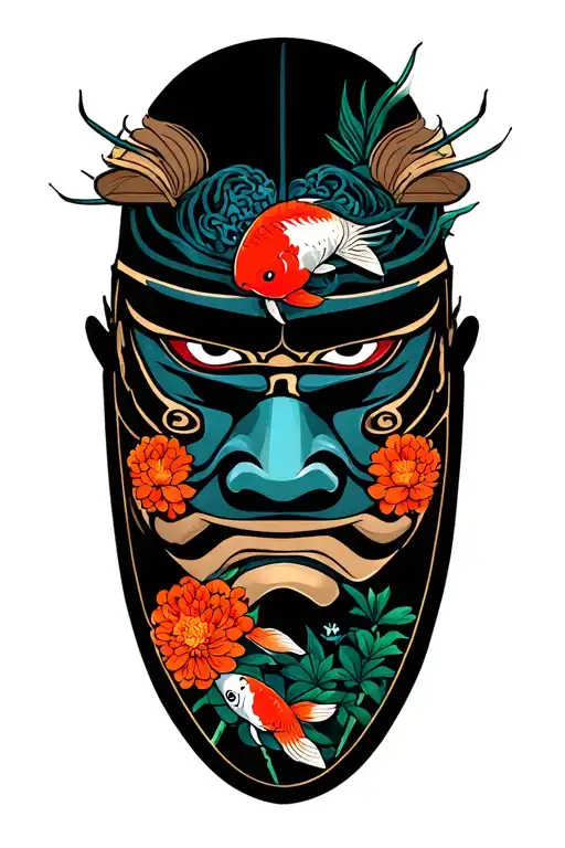 a samurai mask with koi fish and Chrysanthemums flower and bamboo tattoo design idea