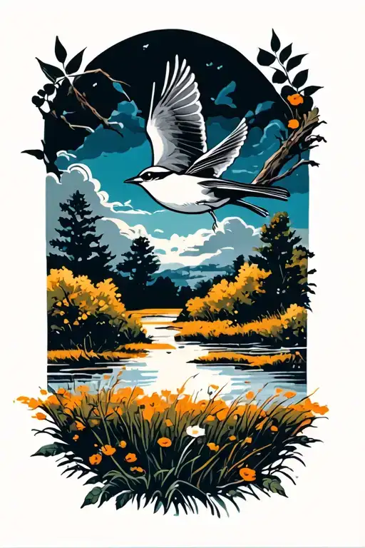 Hawthorne branch below prairie landscape shrike bird flying tattoo design idea