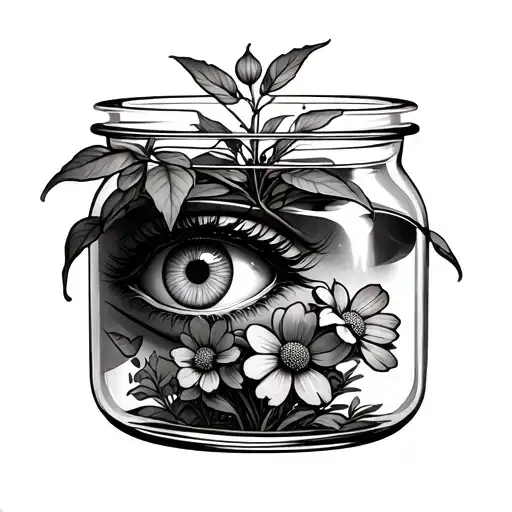 Create a project for me from a mixture of graphics and realism, let it be a jar with a plant that has eyes like flowers tattoo design idea