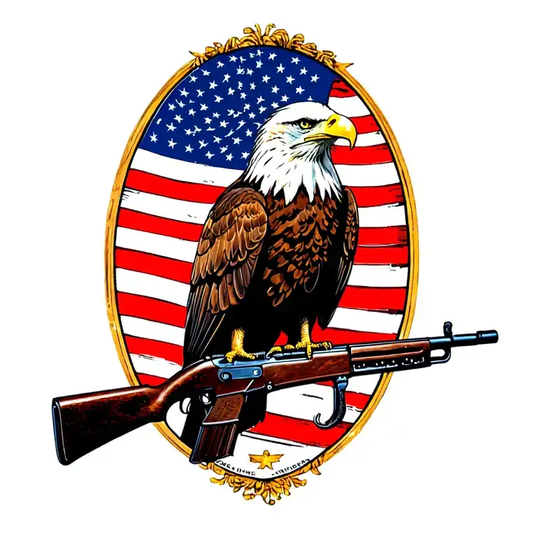 A patriotic bald eagle perched on a rifle with an American flag in the background tattoo design idea
