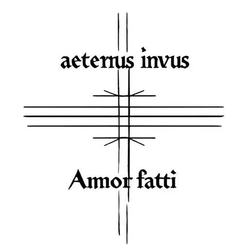 only words, aeternus invictus going down, amor fati across, let them line up to make a cross, Latin style font tattoo design idea