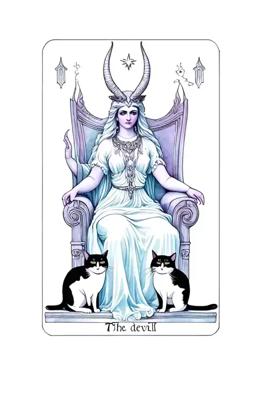 Create a Tarot Card for The devil Tarot card. Elegant and ethereal goddess on a throne with two cats at the bottom.  tattoo design idea