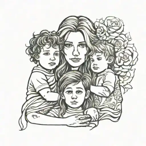 mother with long hair with a 9 year old boy and a 3  year old boy tattoo design idea