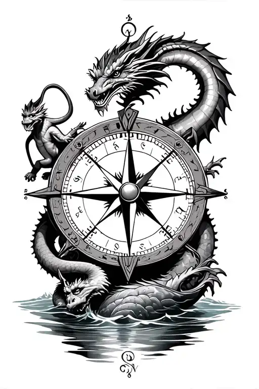 compass with a dragon and water monkey swinging tattoo design idea