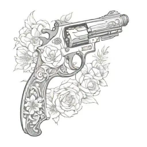1800s pistol with mondure on it and October flowers tattoo design idea