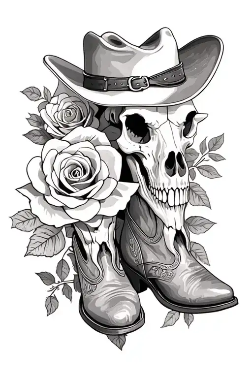 country and western style cow skull cowboy boots cowboy hat roses mam dad tattoo design idea