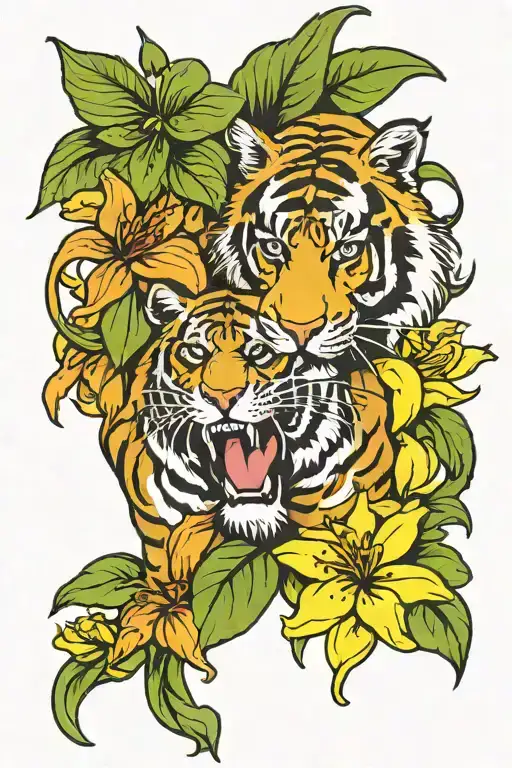 Lilly flower with a tiger and a horse tattoo design idea
