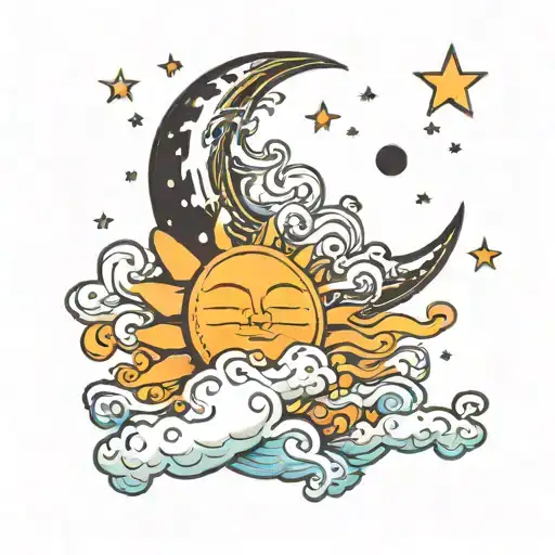 sun, moon, waves, clouds, stars. tattoo design idea