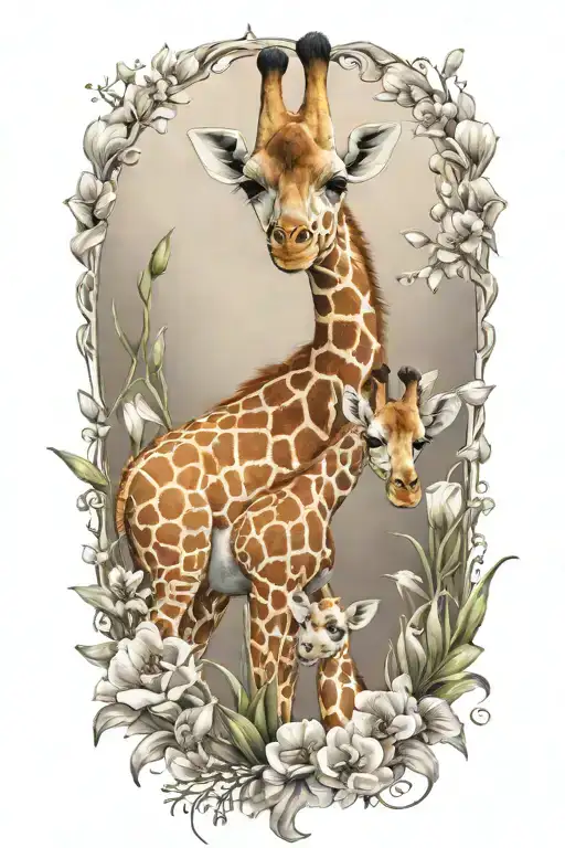 mother and baby giraffe surrounded by gladiolas and poppy flowers tattoo design idea