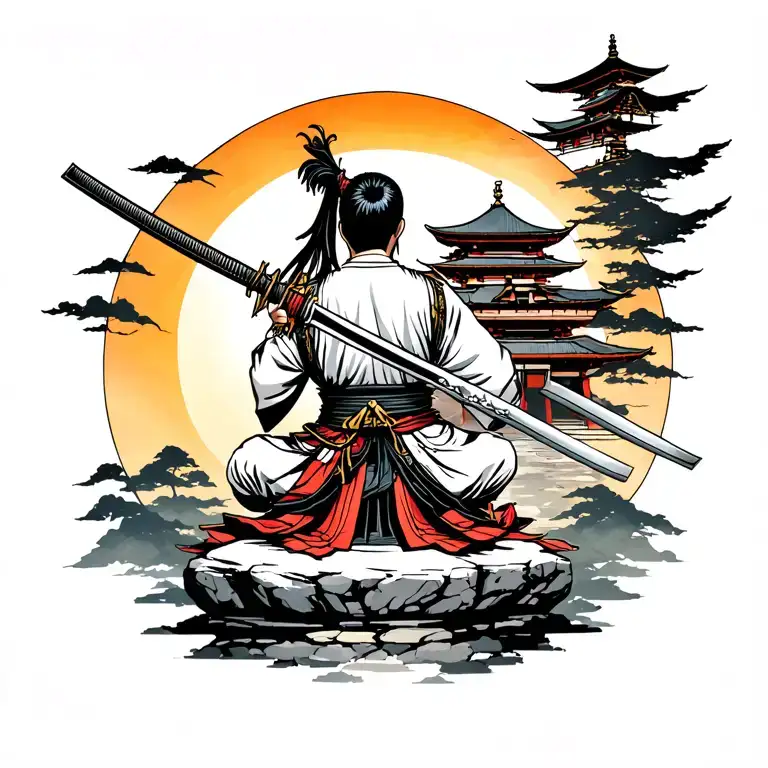 right half of the back, Japanese style, katana sword along the spine, below is a samurai sitting on a stone, middle is a temple, top is the sun tattoo design idea