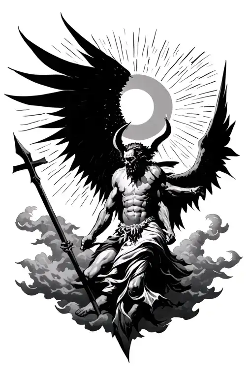 on top of satan, putting his cross shaped spear into him. his wings fade into the clouds and behind him are rays of suns tattoo design idea