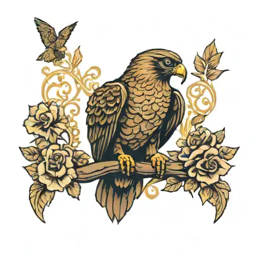 brown gold falcon standing on skull tattoo design idea