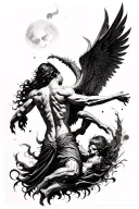 modern style back tattoo that represents the struggle between good and evil, something like angels and demons fighting tattoo design idea